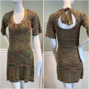 90s Guess Red/Green/Black Gold Metallic Knit Mini Dress Bow Tie on an Open Back